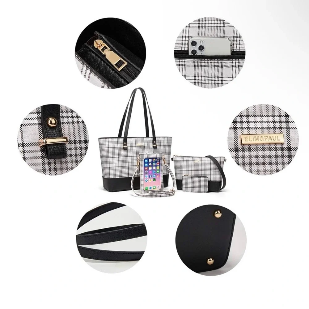 4Pcs Plaid Tote Bag Set with Black Accents